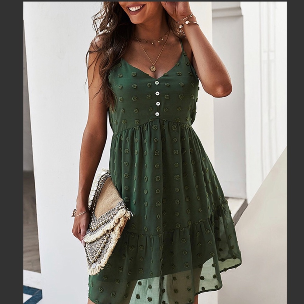 Army Green Swiss Dot Ruffle Seamless Dress